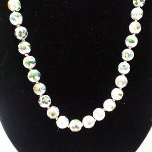 Vintage White Cloisonné Beaded Necklace 28" Hand Knotted Floral Design